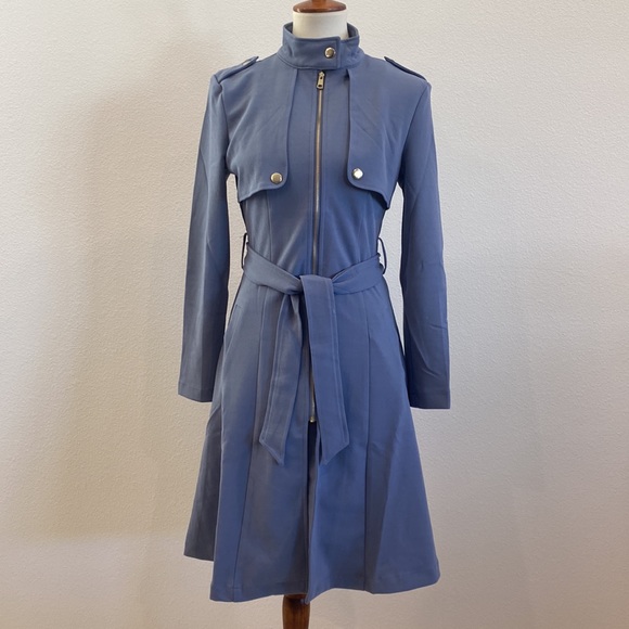 Zip Up Long Line Trench Coat Jacket, with Waist Belt, Blue - Picture 9 of 12